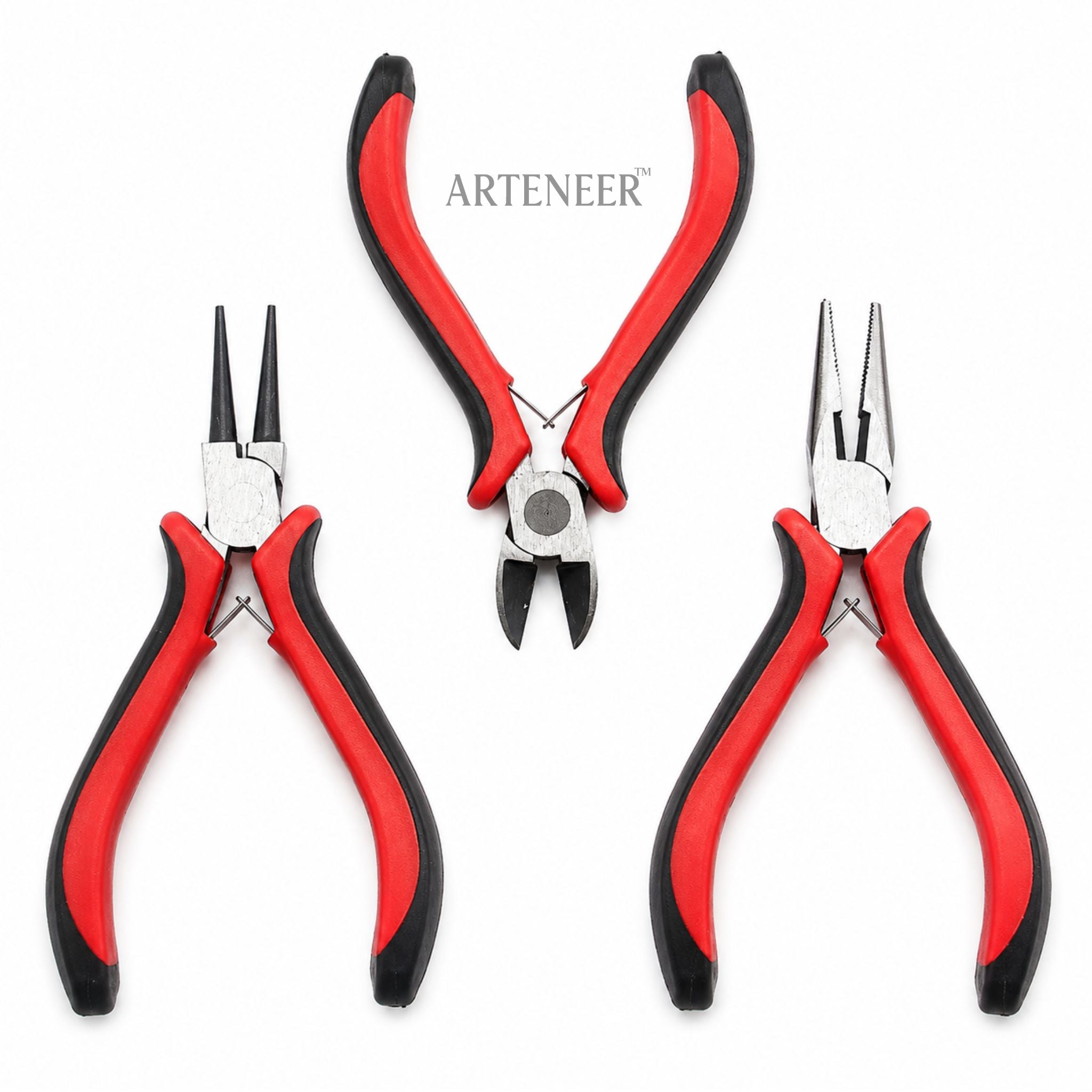 3 piece jewelry plier set for DIY jewelry making with round nose, diagonal cutter, and chain nose pliers by Arteneer