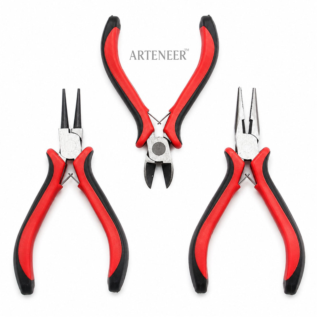 3 piece jewelry plier set for DIY jewelry making with round nose, diagonal cutter, and chain nose pliers by Arteneer