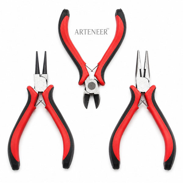3 piece jewelry plier set for DIY jewelry making with round nose, diagonal cutter, and chain nose pliers by Arteneer