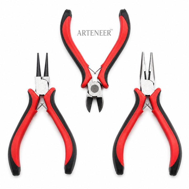 3 piece jewelry plier set for DIY jewelry making with round nose, diagonal cutter, and chain nose pliers by Arteneer