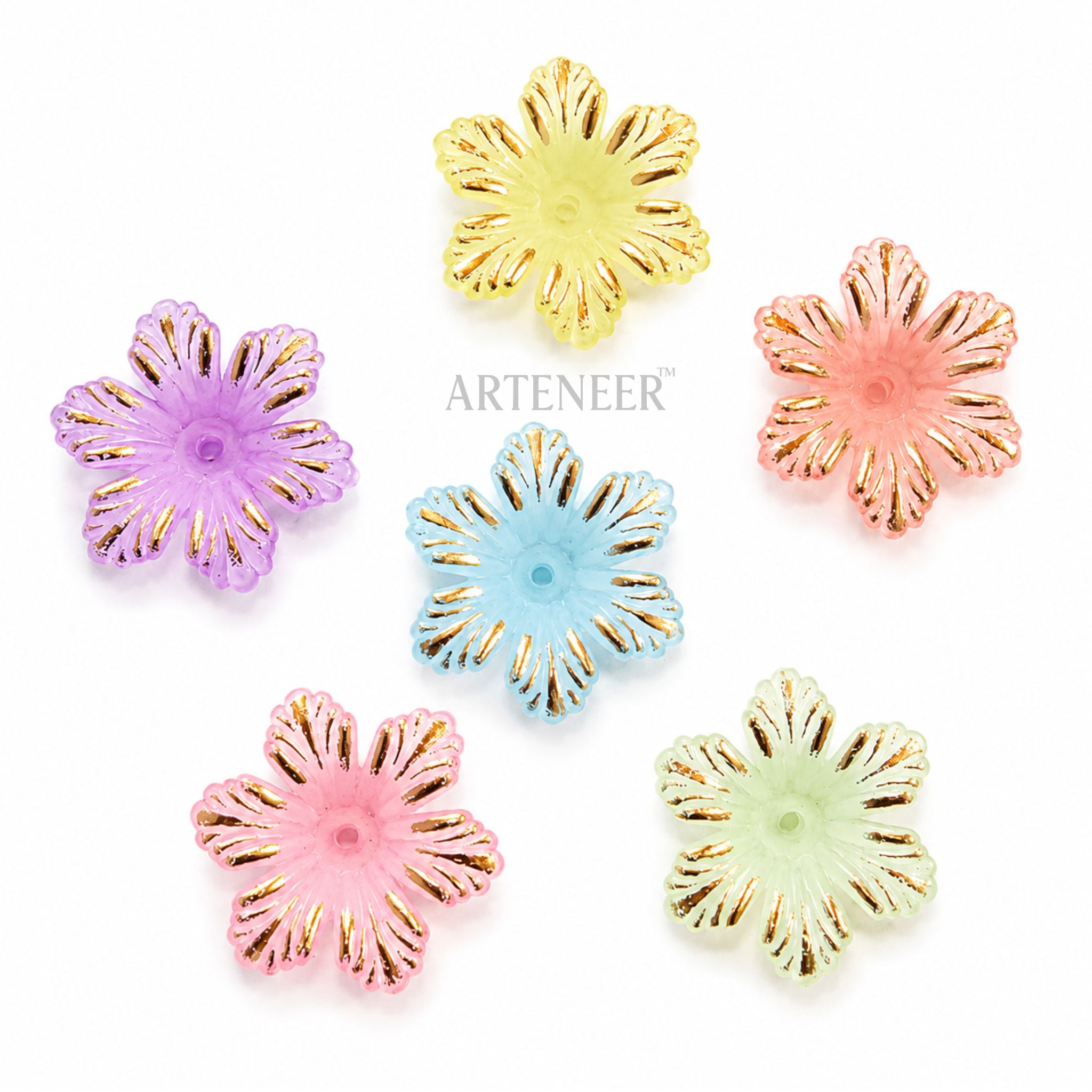 6 petal golden shining colorful flowers for DIY crafts, pack of 130 large multicolor embellishments by Arteneer