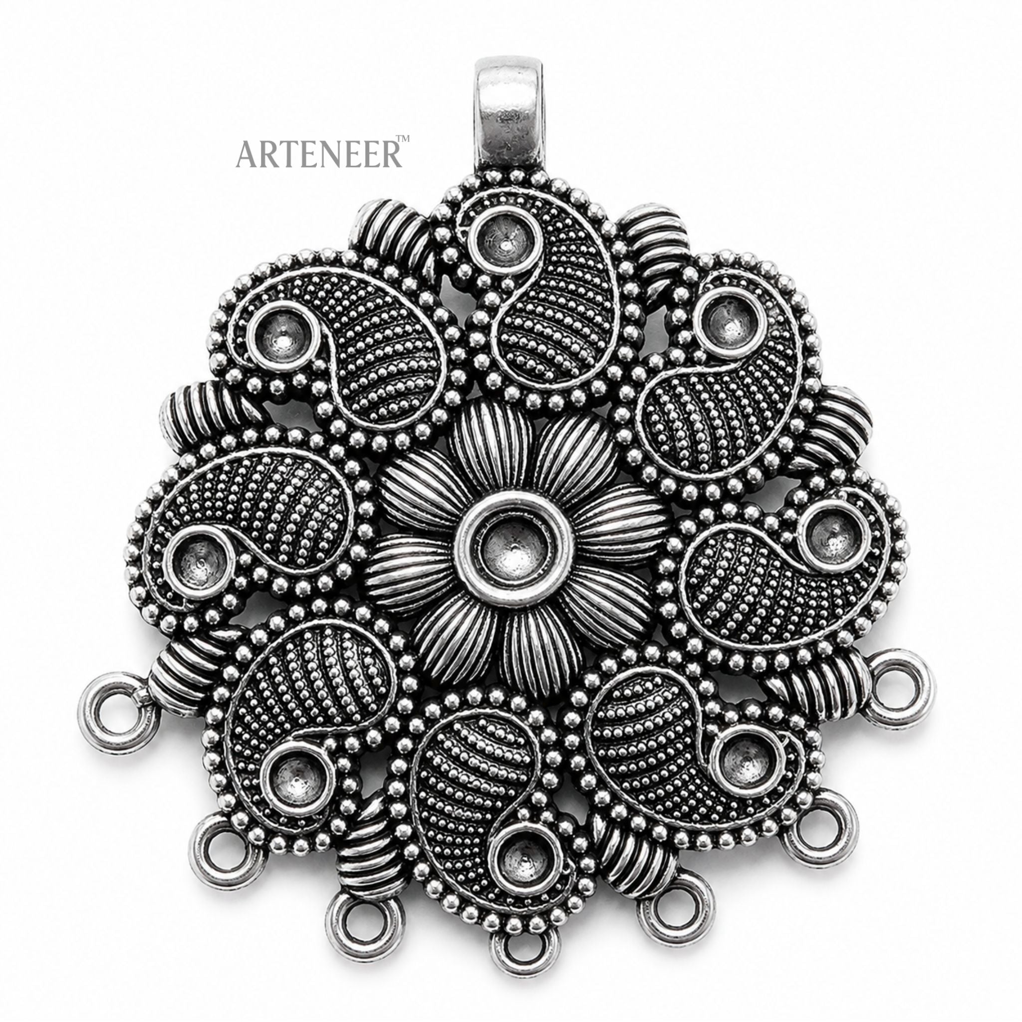 Antique silver floral pendant charms for DIY jewelry making, bulk pack of oxidized silver locket charms by Arteneer