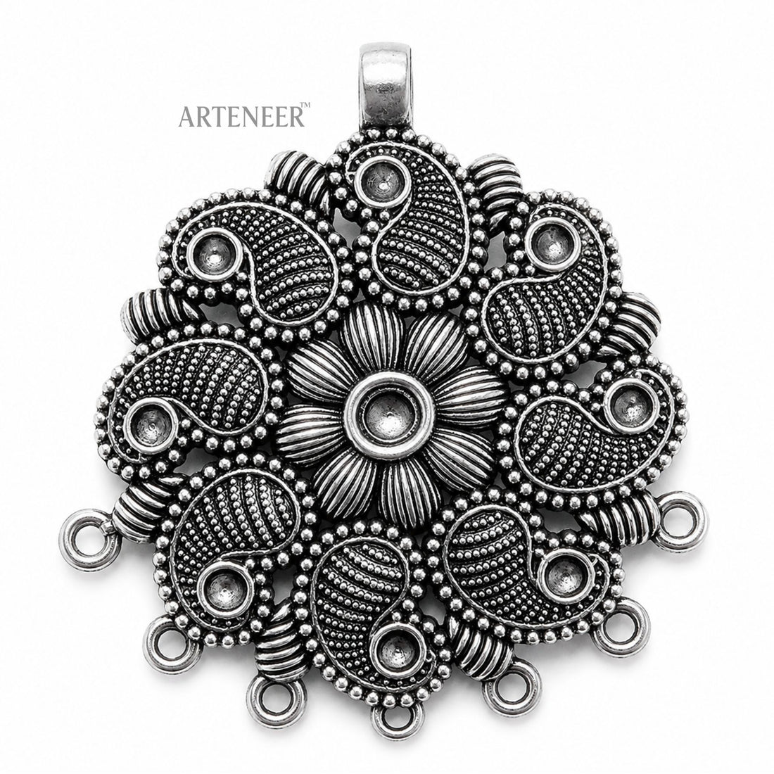 Antique silver floral pendant charms for DIY jewelry making, bulk pack of oxidized silver locket charms by Arteneer