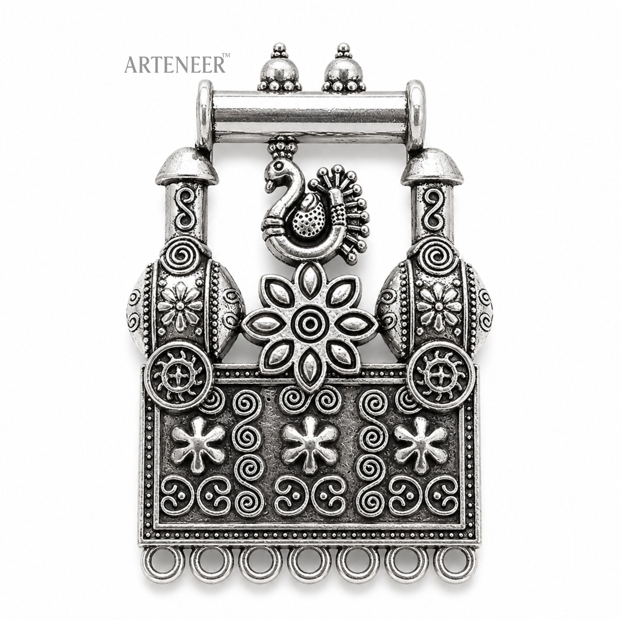 Antique silver peacock pendant connectors for DIY jewelry making, bulk pack of oxidized multi-loop tribal pendants by Arteneer