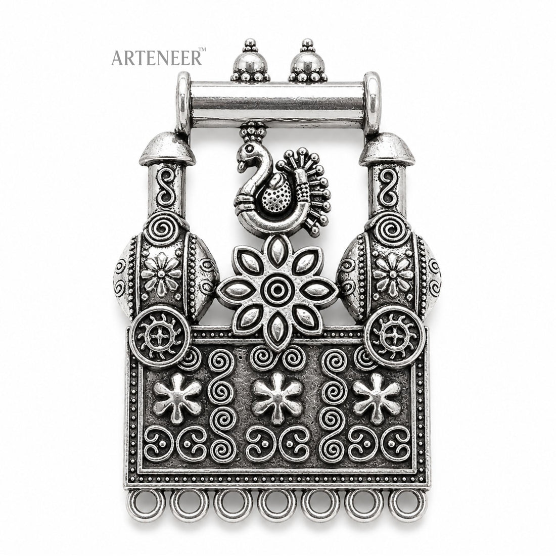 Antique silver peacock pendant connectors for DIY jewelry making, bulk pack of oxidized multi-loop tribal pendants by Arteneer