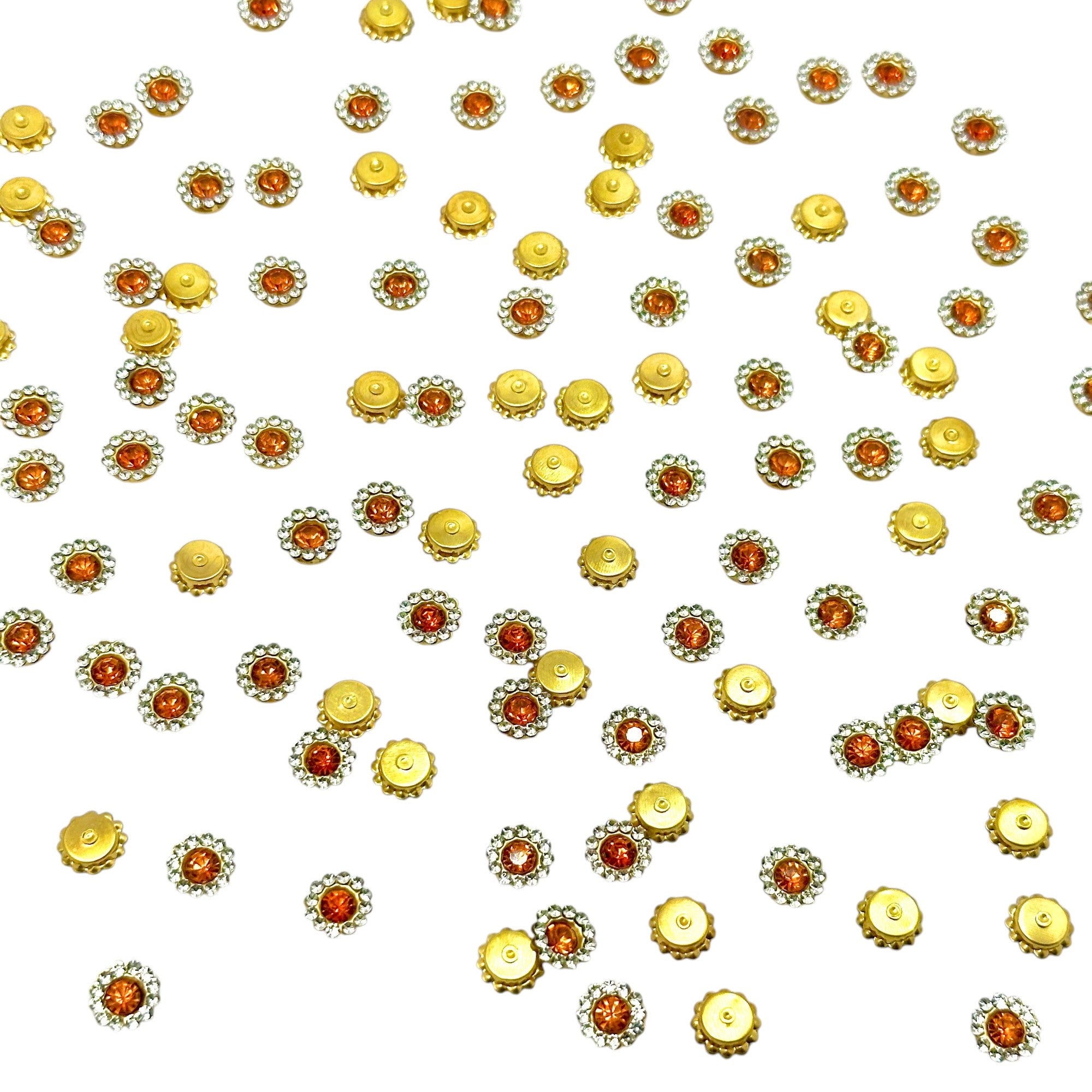Orange Kundan flatback stones with clear rhinestone border