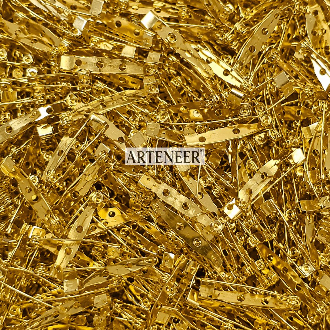 Golden bar pin brooch base with safety clasp and sewing holes for saree pins, hijab pins, and brooch making in India