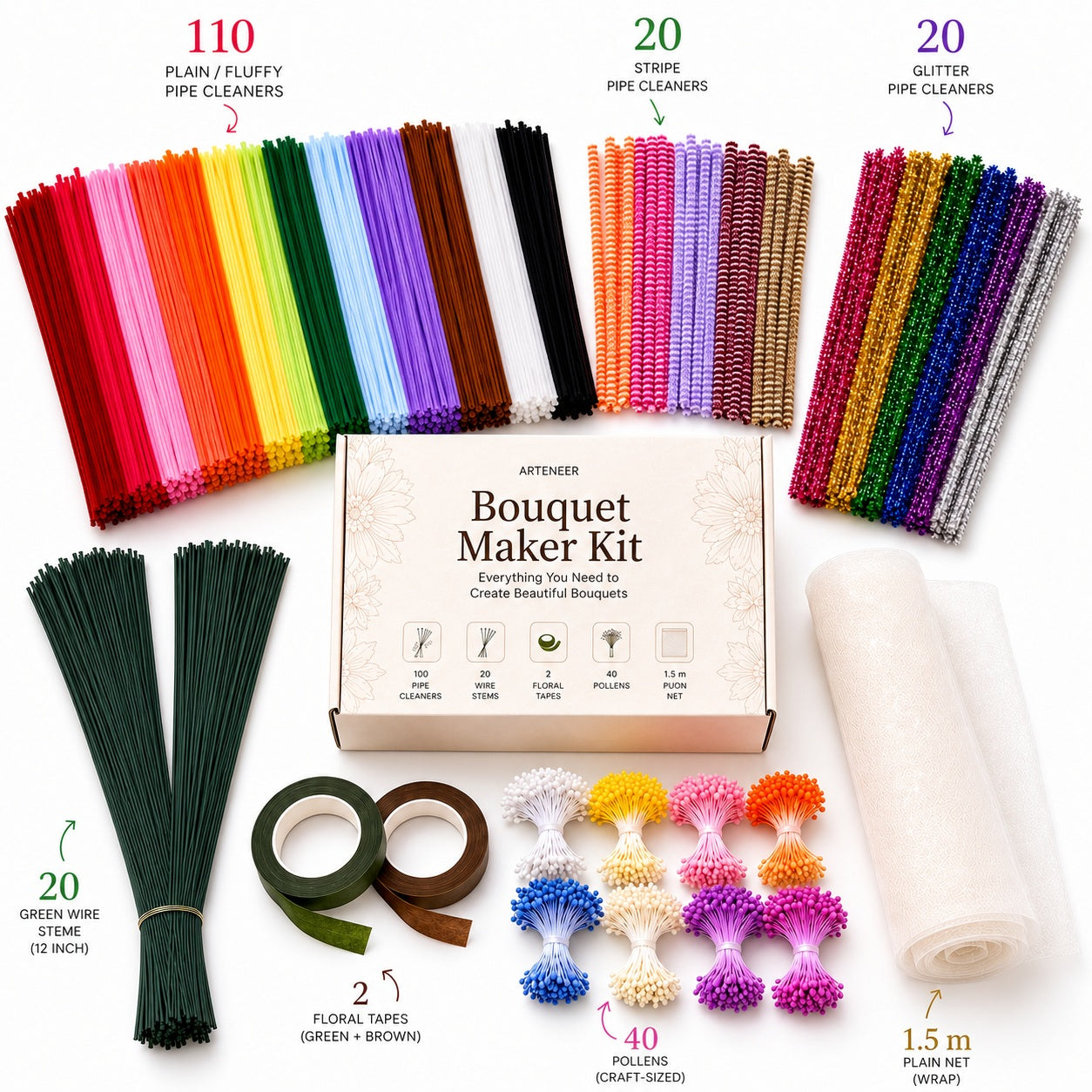 Everything included in the Arteneer Bouquet Maker Kit arranged neatly on a white background.