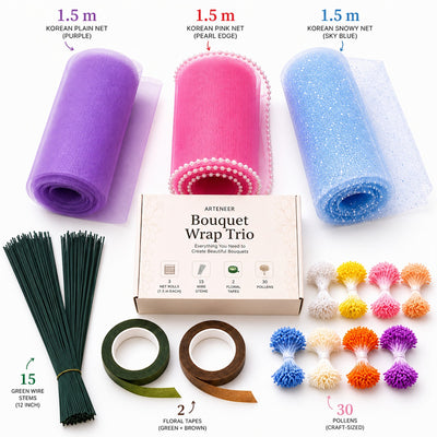 Everything included in the Arteneer Bouquet Wrap Trio bouquet wrapping kit on a white background.