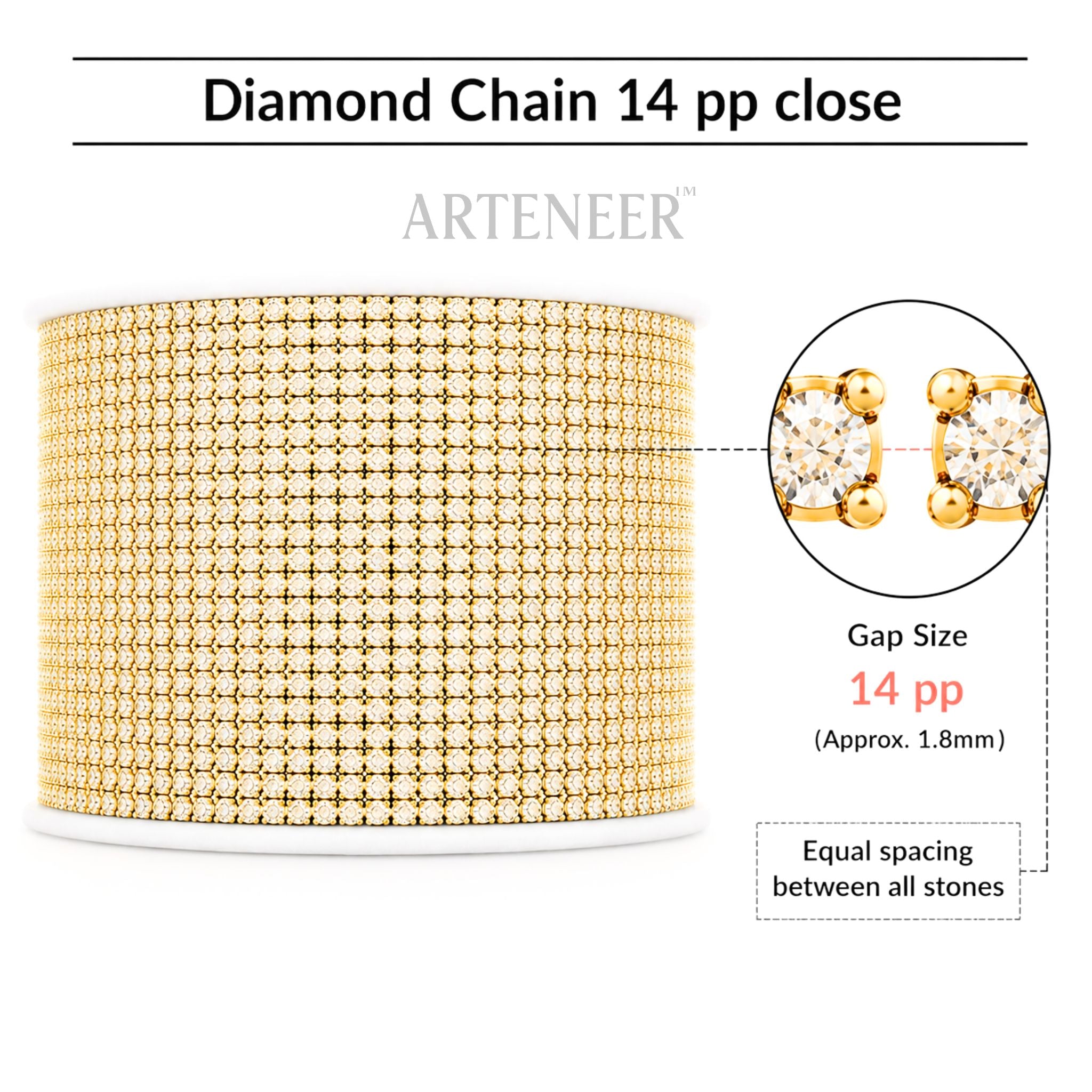 Gold diamond chain with close-up of earrings and product details on a white background