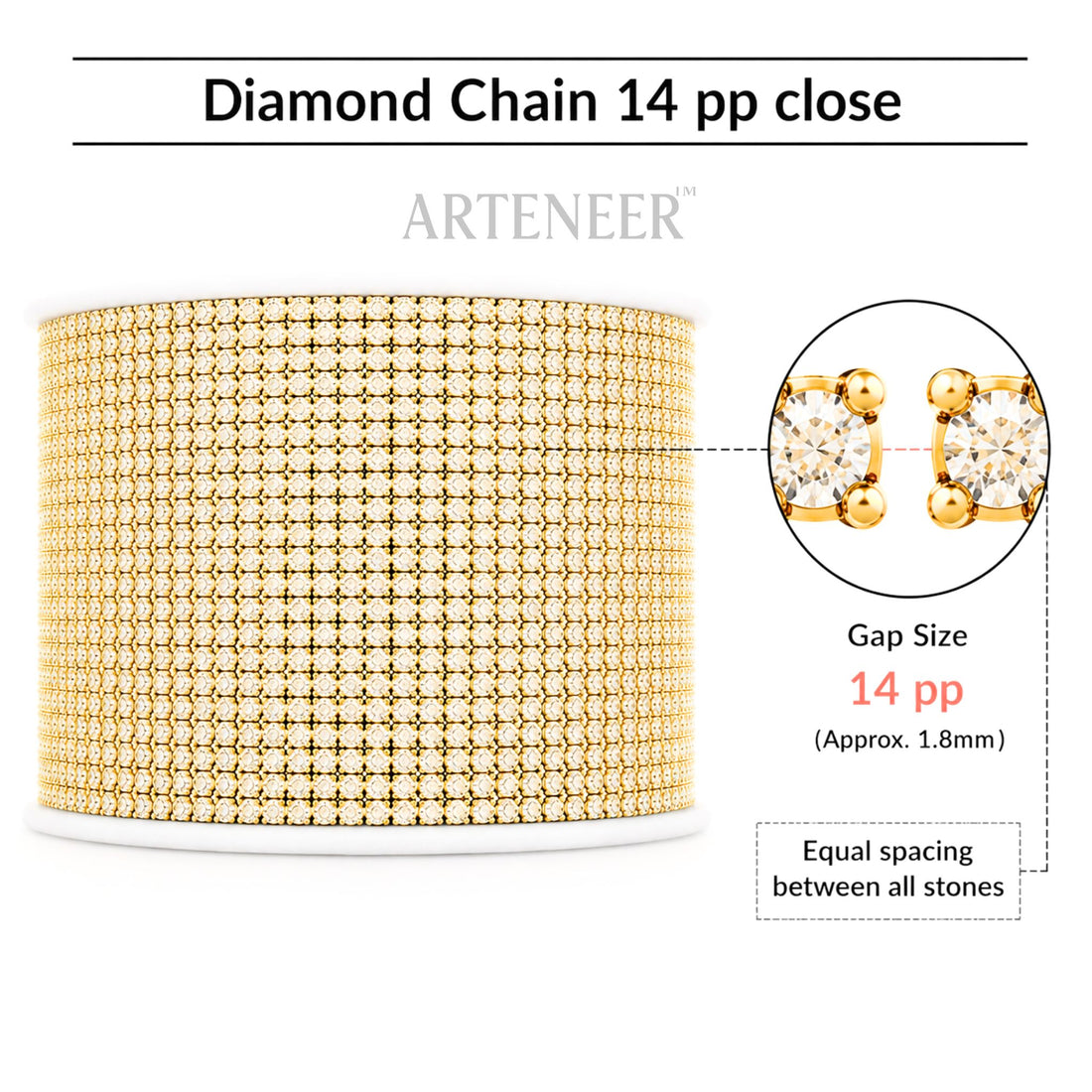 Gold diamond chain with close-up of earrings and product details on a white background