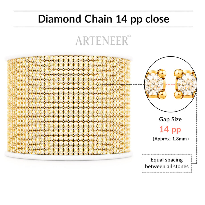 Gold diamond chain with close-up of earrings and product details on a white background