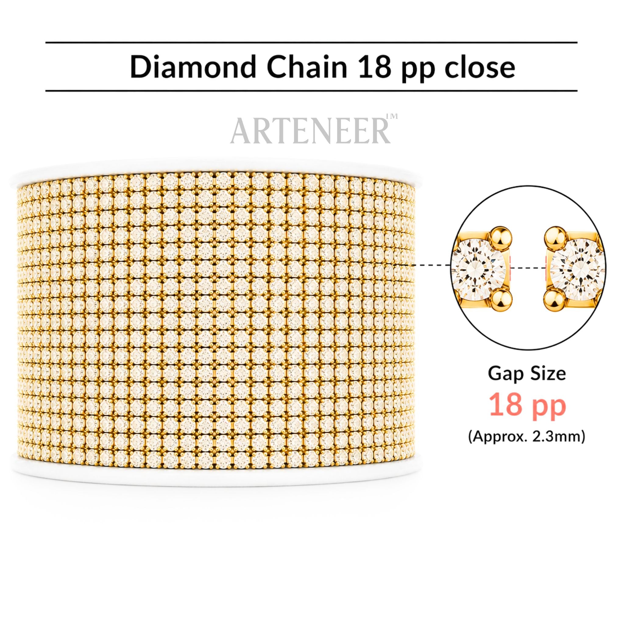 Gold diamond chain bracelet with close-up of earrings and product details on a white background.
