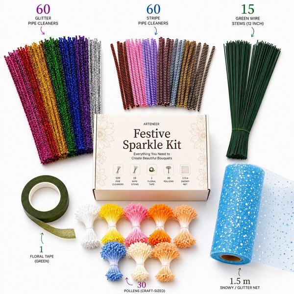Everything included in the Arteneer Festive Sparkle DIY craft kit arranged on a white background.