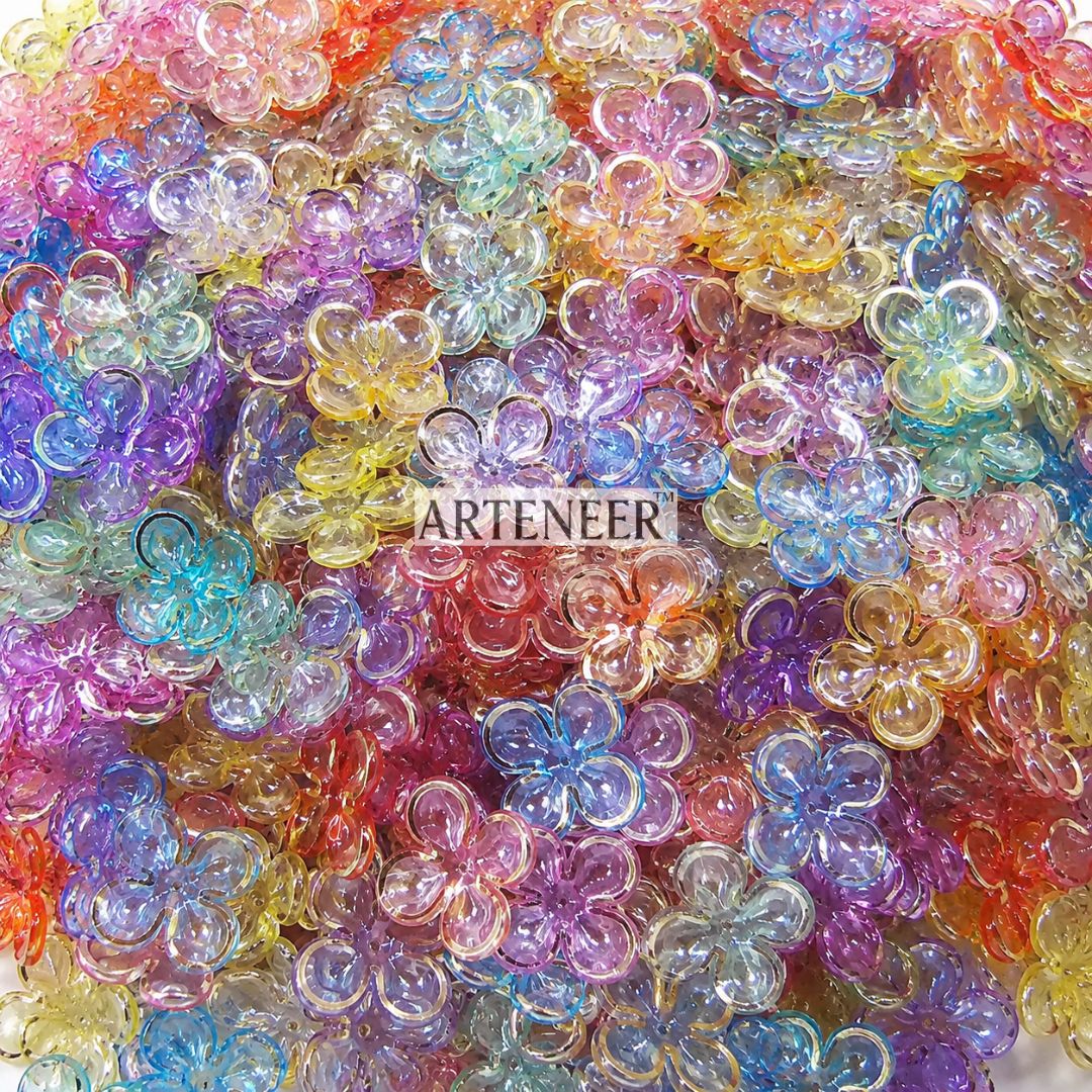 Four petal transparent colorful flowers for DIY crafts, pack of 136 multicolor charms by Arteneer
