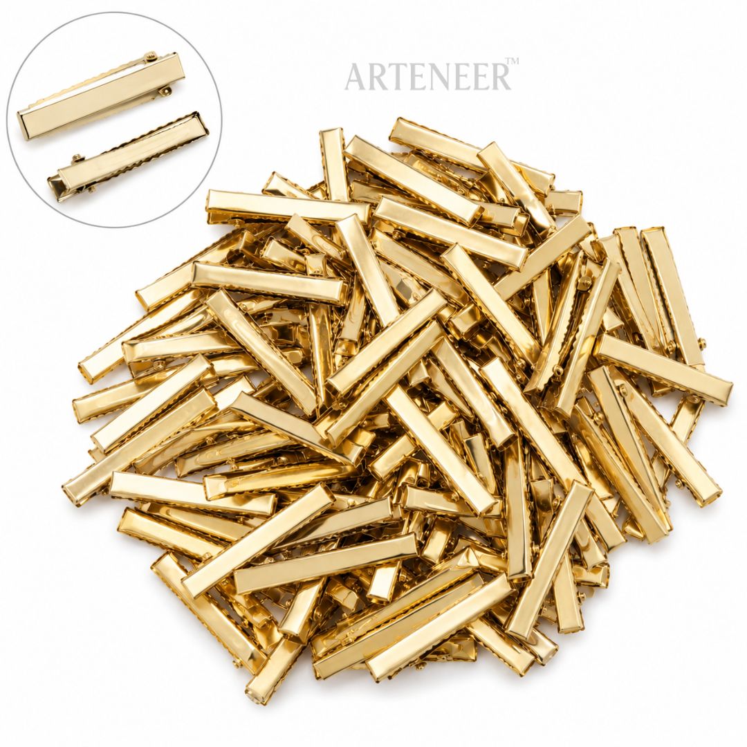 Golden hair clips for DIY hair accessories, bulk pack of 100 blank metal clip bases by Arteneer
