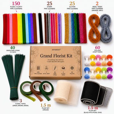 Everything included in the Arteneer Grand Florist DIY bouquet craft kit arranged on a white background.