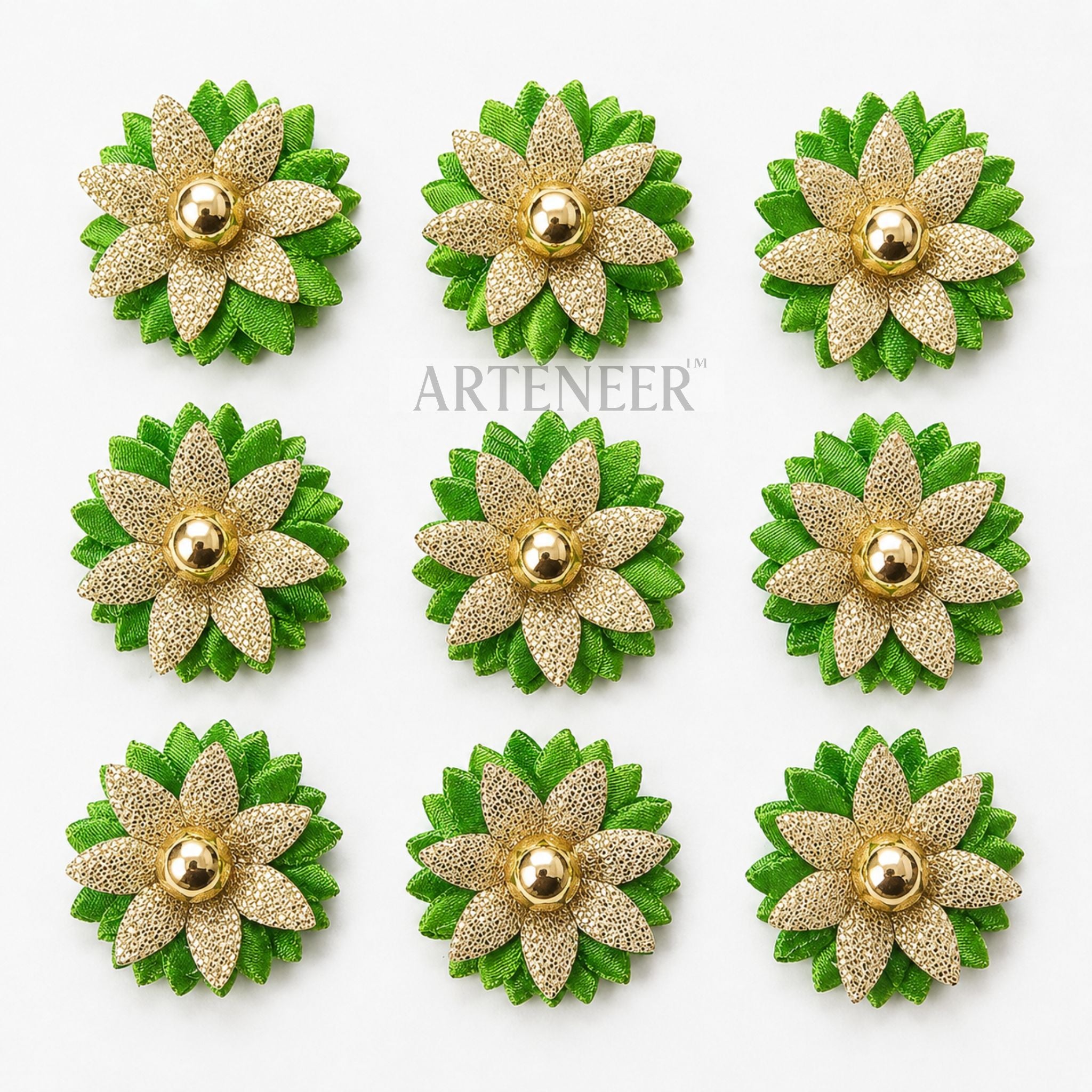 Green and gold flower-shaped earrings on a white background with 'Arteneer' branding.