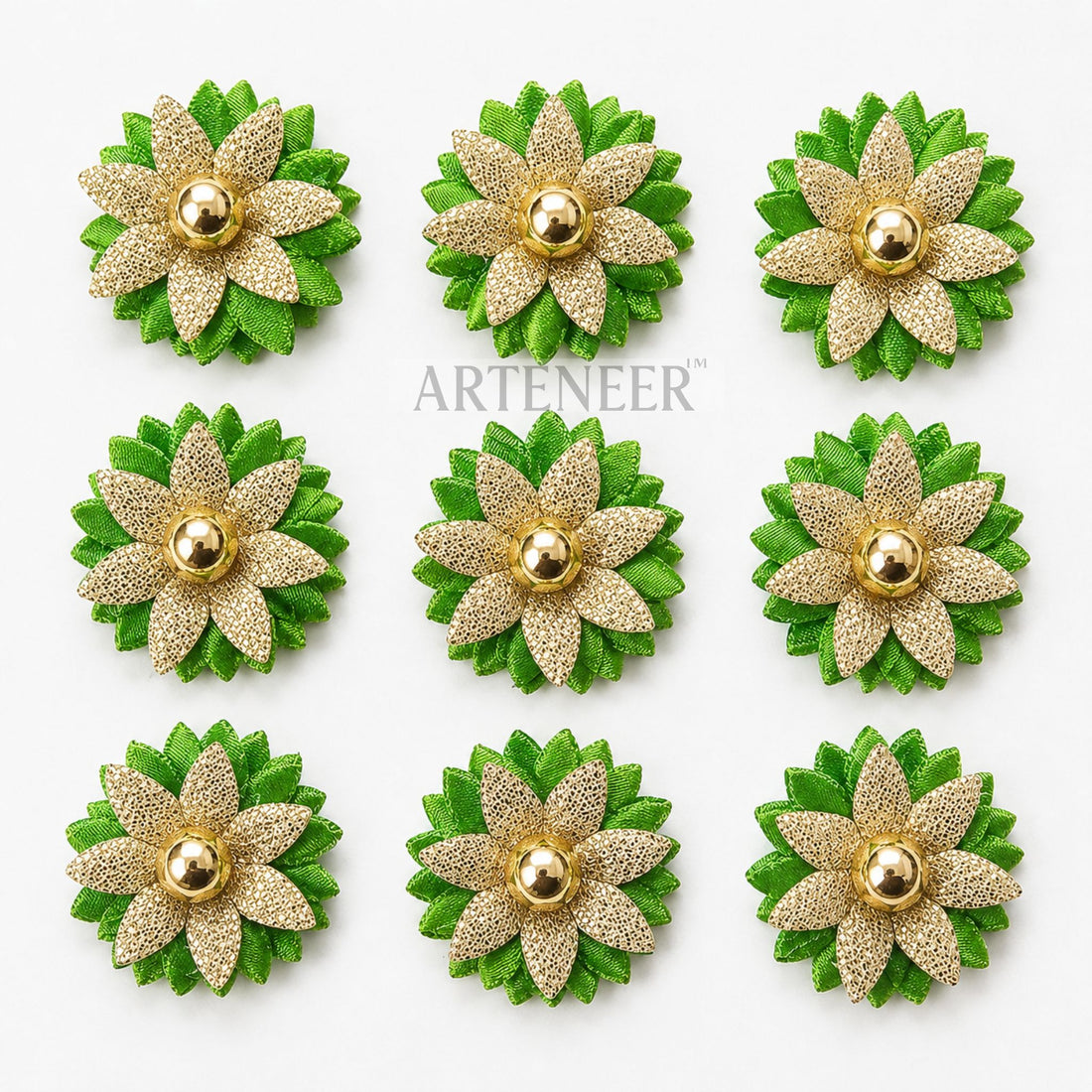 Green and gold flower-shaped earrings on a white background with 'Arteneer' branding.
