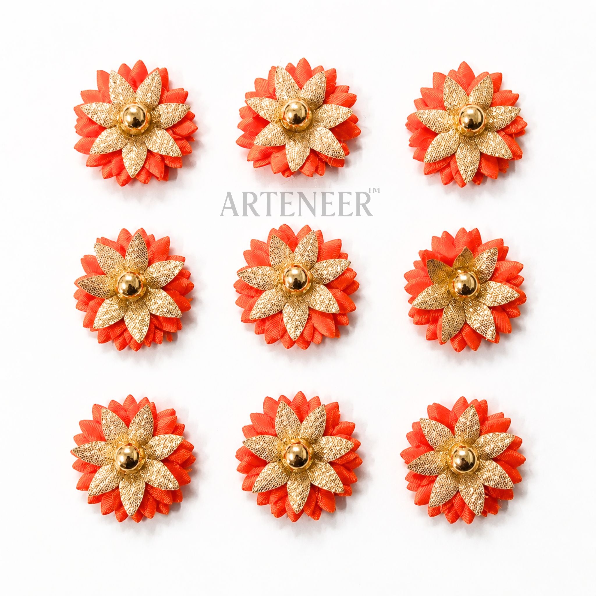 Set of coral and gold flower-shaped earrings on a white background with 'Arteneer' branding.