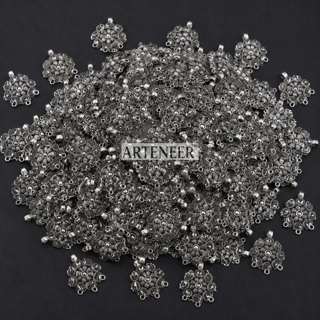 Oxidized silver statement pendant connector for traditional Indian jewelry, boho necklaces, and tribal craft in India