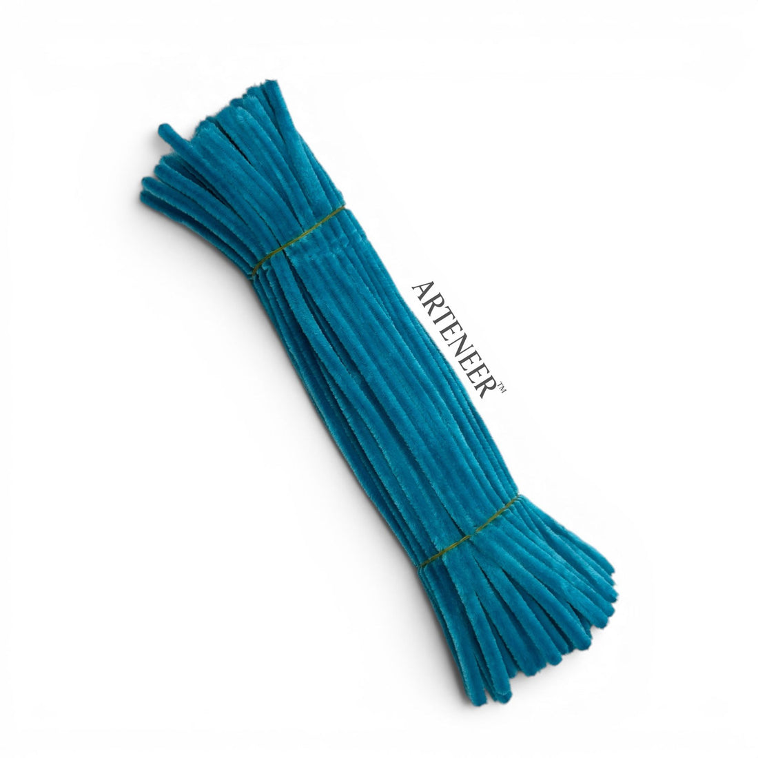 A bundle of teal blue velvet pipe cleaners tied with a thin green string, displayed diagonally on a clean white background with the brand name ARTENER printed vertically.