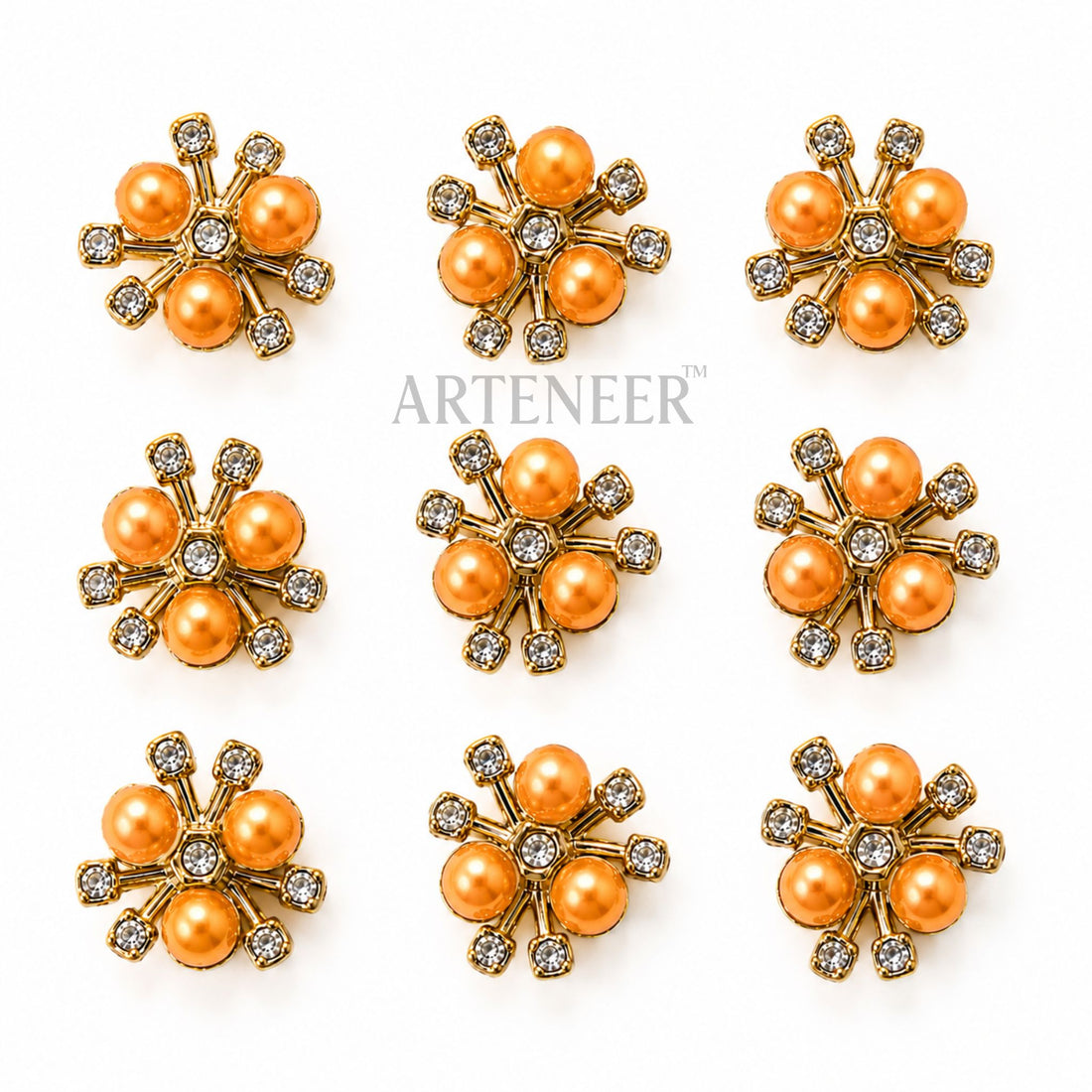 Set of orange flower-shaped earrings with gold and crystal accents on a white background, branded 'Arteneer'.