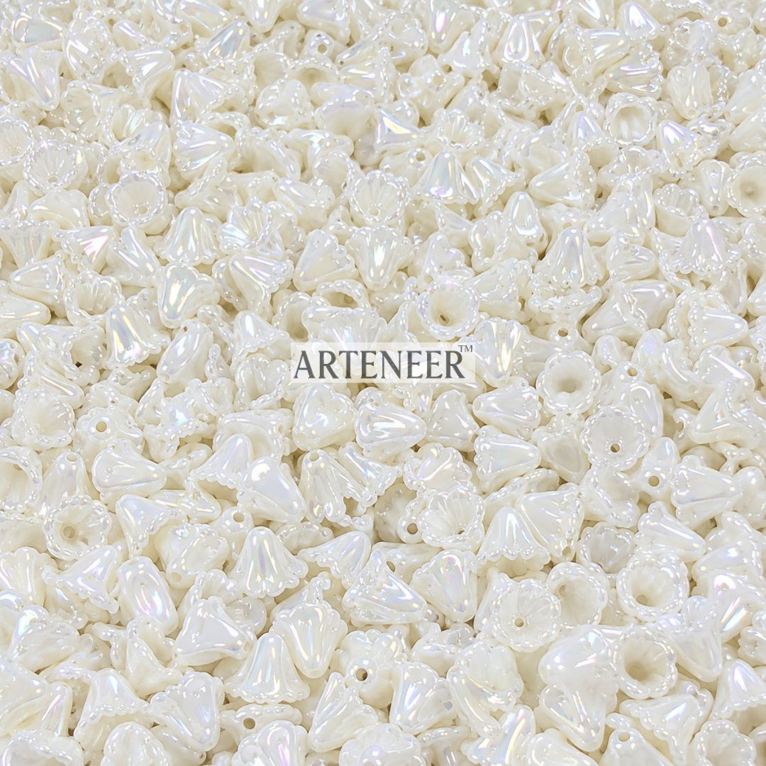 Pearly white trumpet flower beads for bridal jewelry, earring drops, and beaded flower making in India