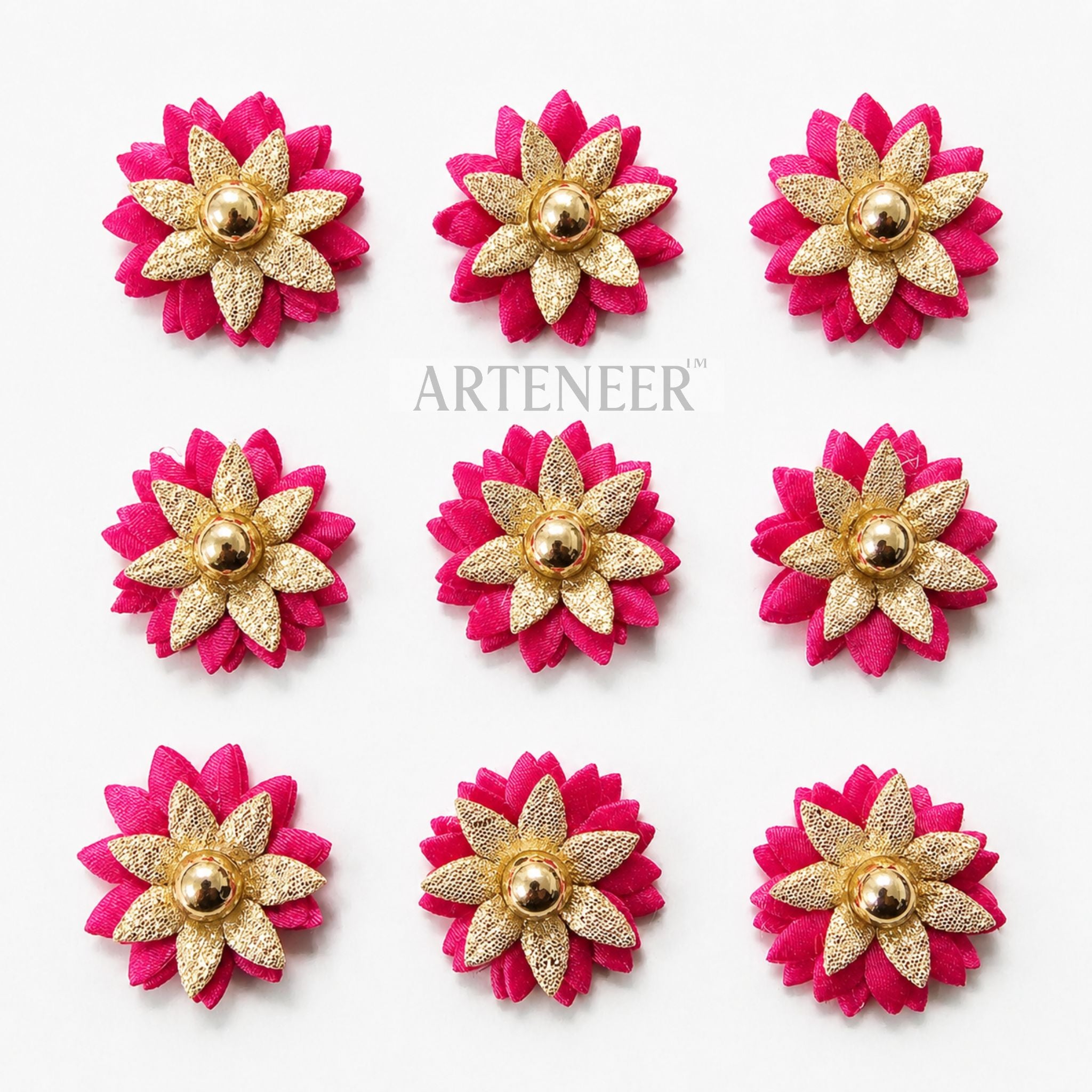 Set of pink and gold flower-shaped earrings on a white background with 'Arteneer' branding.