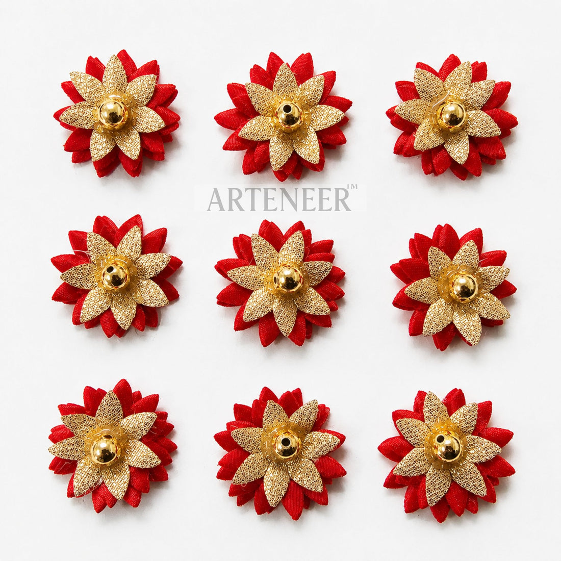Red and gold flower-shaped decorative items with 'Arteneer' branding on a white background