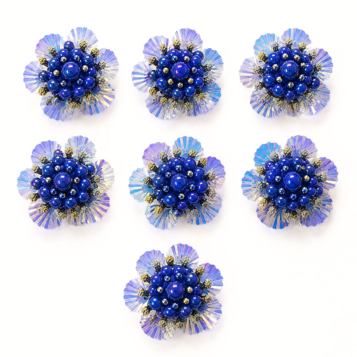 Premium royal blue 3D beaded flower appliques with gold accents for DIY embroidery and crafts