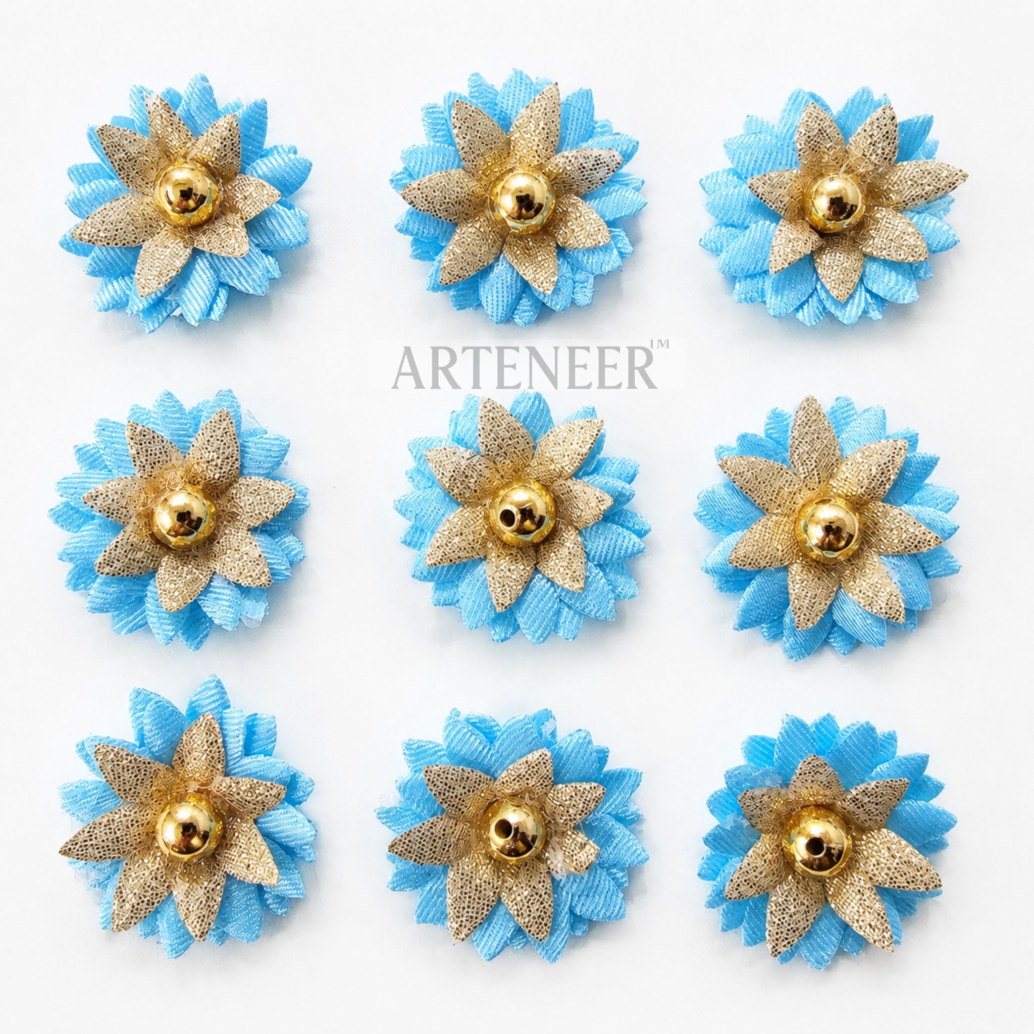 Nine blue and gold floral decorations with 'Arteneer' branding on a white background
