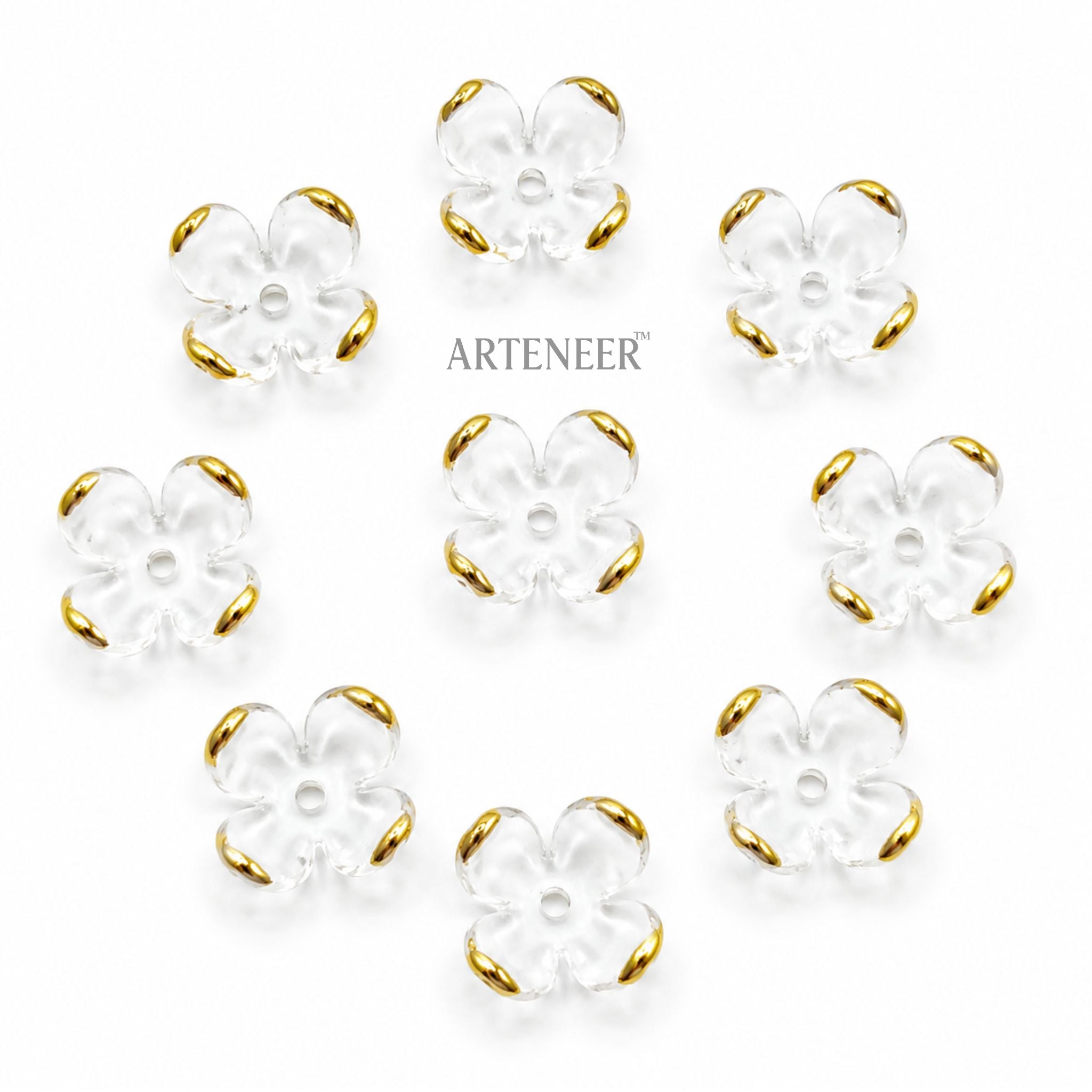 Transparent flower beads with gold tips for DIY jewelry making, pack of 300 clear 5-petal flower beads by Arteneer