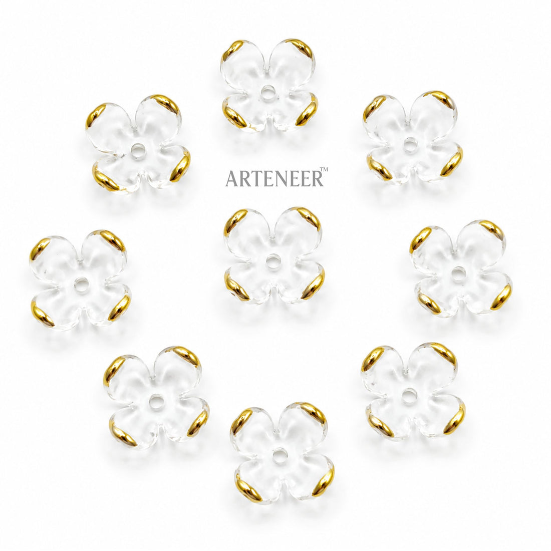 Transparent flower beads with gold tips for DIY jewelry making, pack of 300 clear 5-petal flower beads by Arteneer