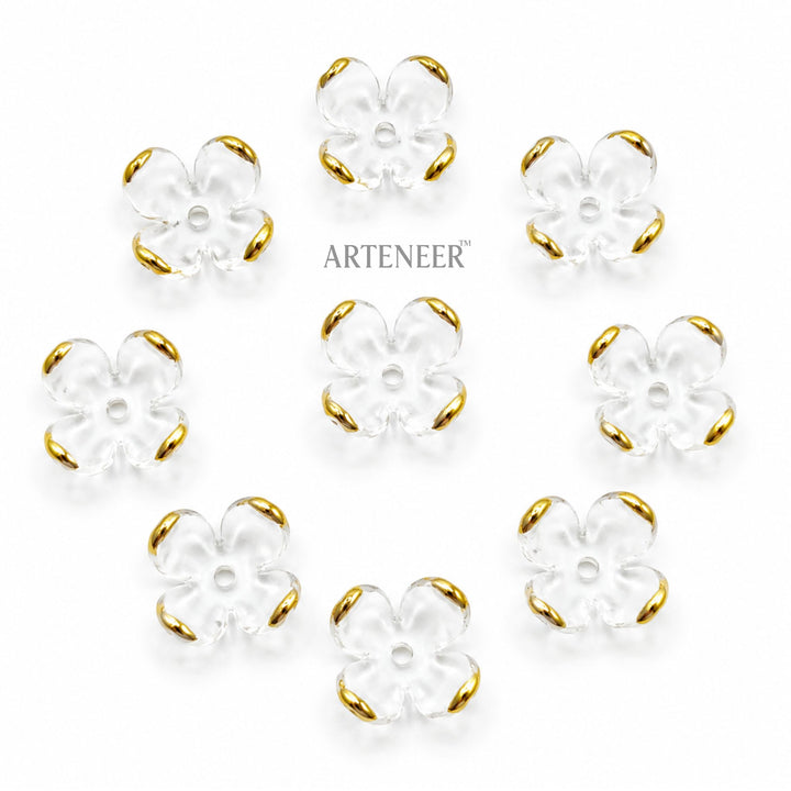 Transparent flower beads with gold tips for DIY jewelry making, pack of 300 clear 5-petal flower beads by Arteneer