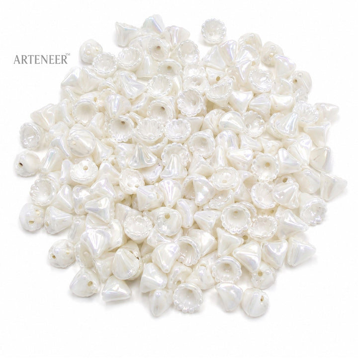 White lily flower beads for DIY jewelry making, pack of 420 pearly bellflower trumpet beads by Arteneer