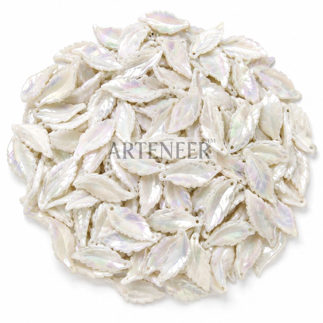 White shining leaf beads for DIY crafts, pack of 130 pearly white leaf embellishments by Arteneer
