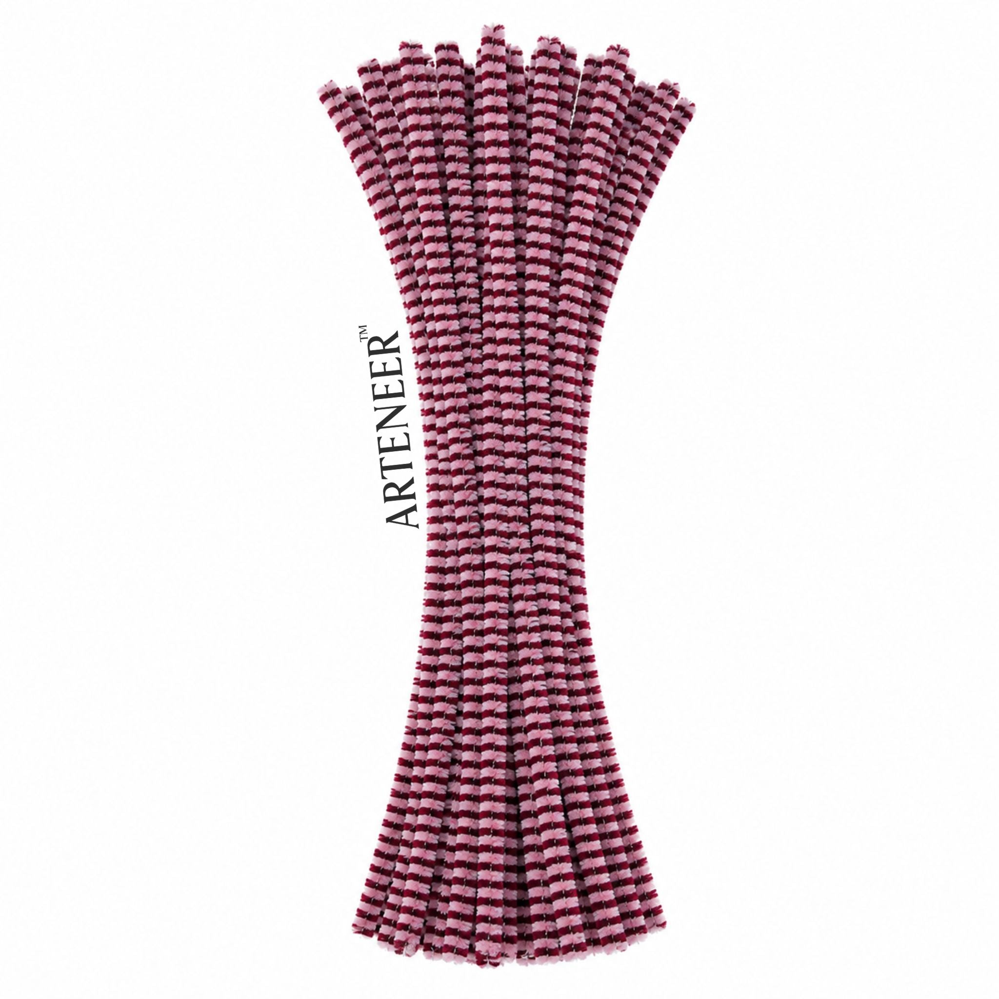 Bundled white and maroon pipe cleaners ties with Arteneer branding on a white background