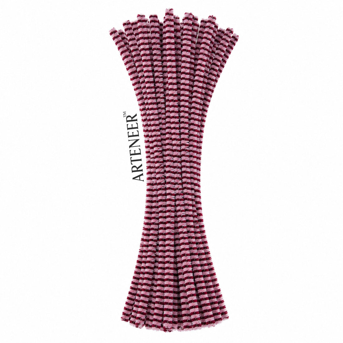 Bundled white and maroon pipe cleaners ties with Arteneer branding on a white background