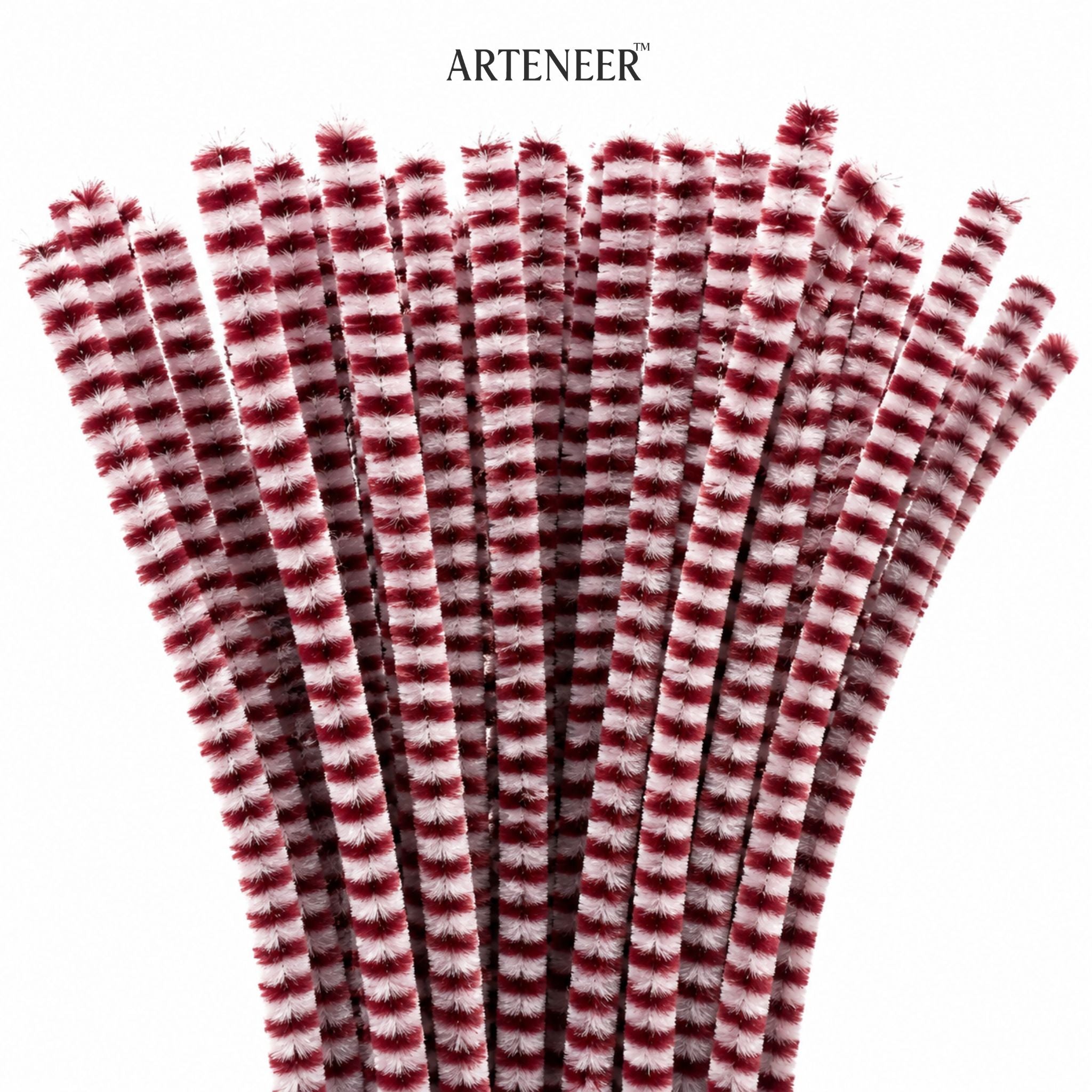maroon and white striped pipe cleaners with 'Arteneer' branding on a white background