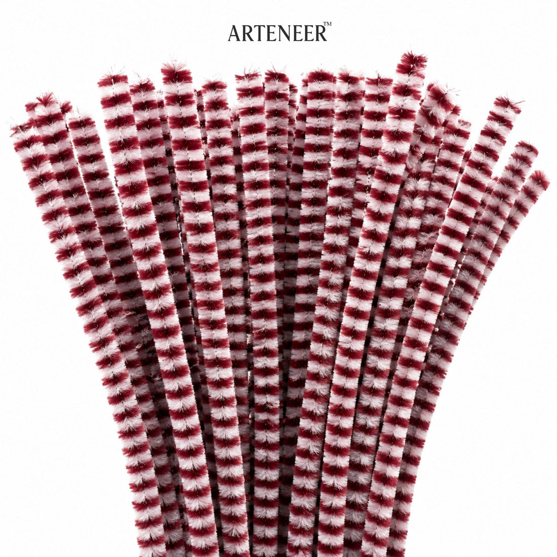 maroon and white striped pipe cleaners with 'Arteneer' branding on a white background