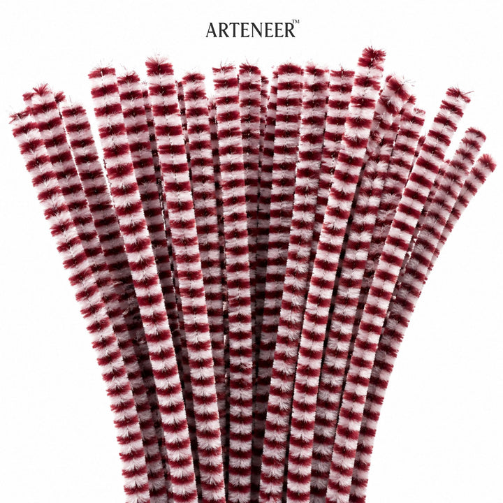 maroon and white striped pipe cleaners with 'Arteneer' branding on a white background