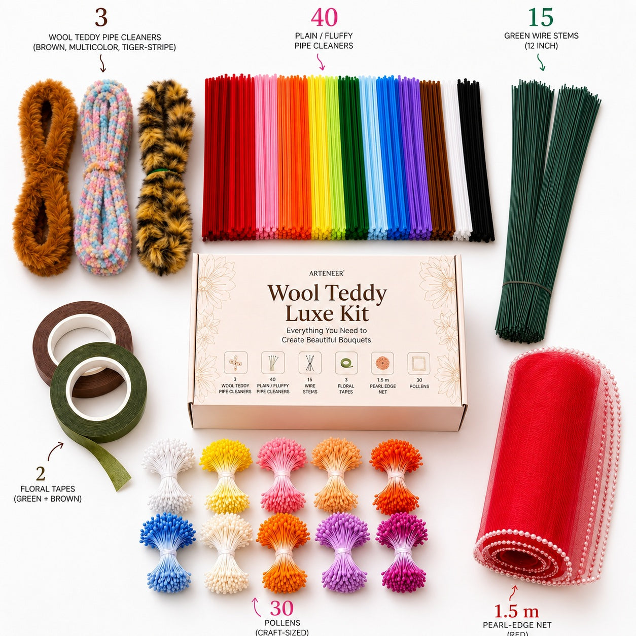Everything included in the Arteneer Wool Teddy Luxe premium DIY flower craft kit.